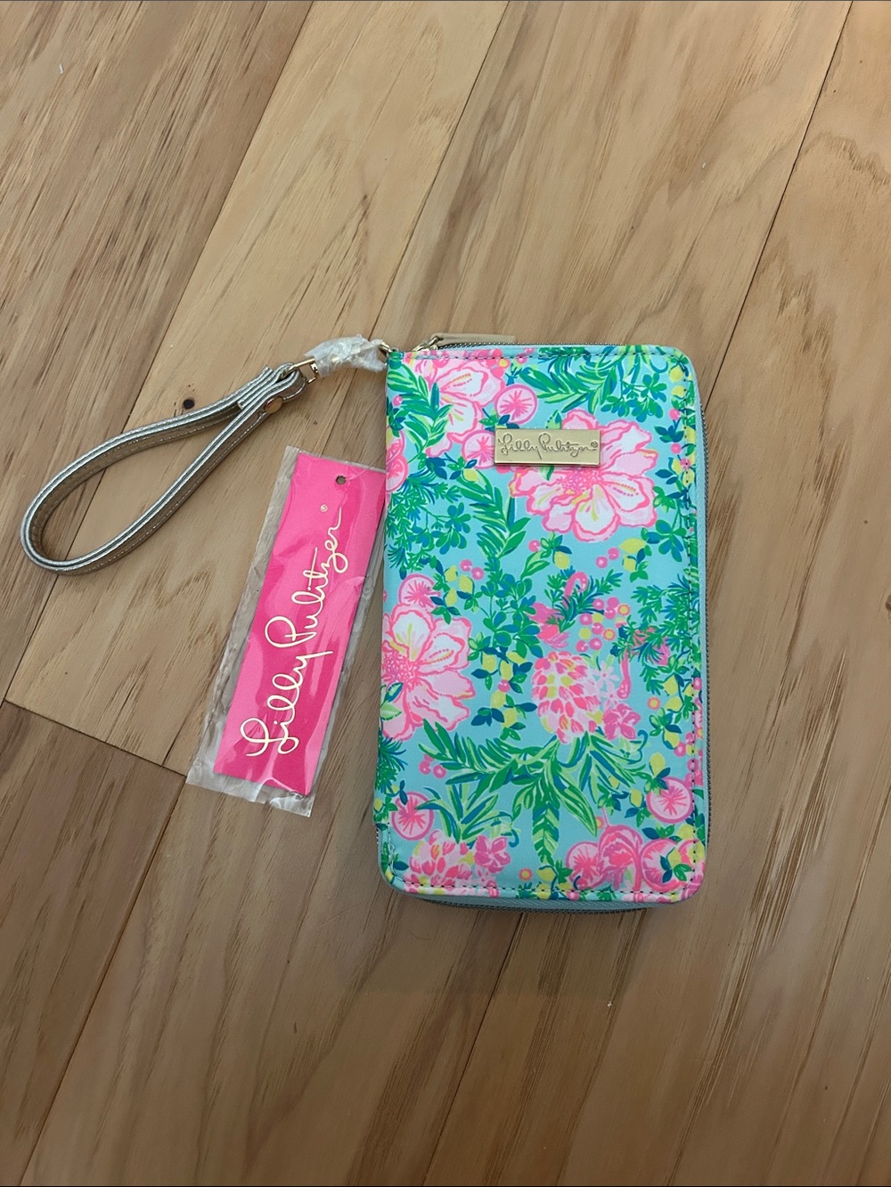Lilly Pulitzer Aqua Floral Zip Wristlet Wallet with Pink Flowers